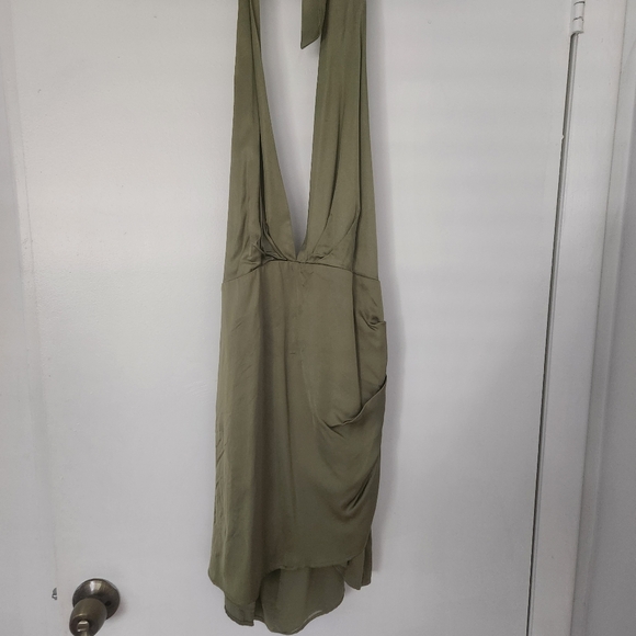Zara Olive Light Green Satin Deep V Backless Tie-Up Lined Dress NEW - Picture 3 of 13